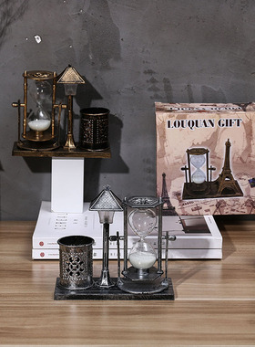 创意复古欧式小灯夜灯桌面床头摆件带笔筒沙漏送女男朋友闺蜜礼品