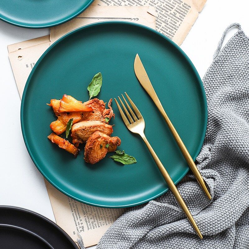 网红哑光圆盘10英寸盘子陶瓷西餐盘披萨盘早餐盘纯色意面盘菜盘
