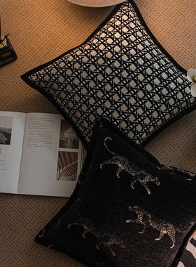 LING现代轻奢客厅沙发抱枕绒布绣花金钱豹黑色靠垫样板房床头靠枕