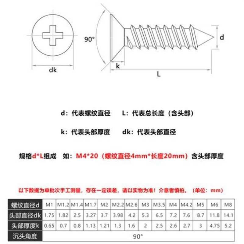 直销新品M4M5 不锈钢黑色沉头尖尾螺丝钉KA十字平头自攻螺丝螺