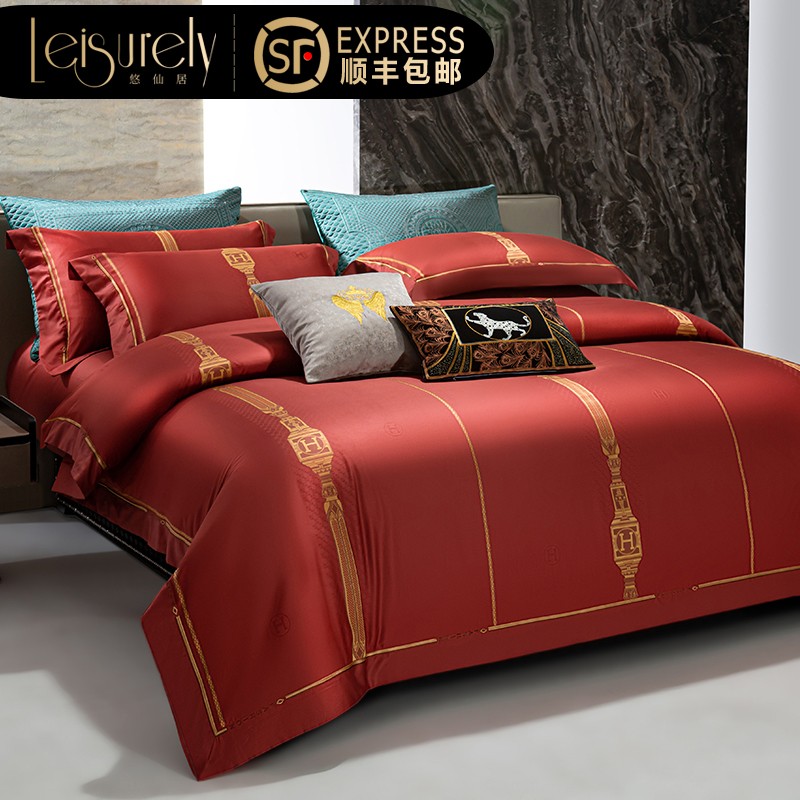 酒红婚庆140支长绒棉全棉四件套绣花被套床单纯棉床上用品