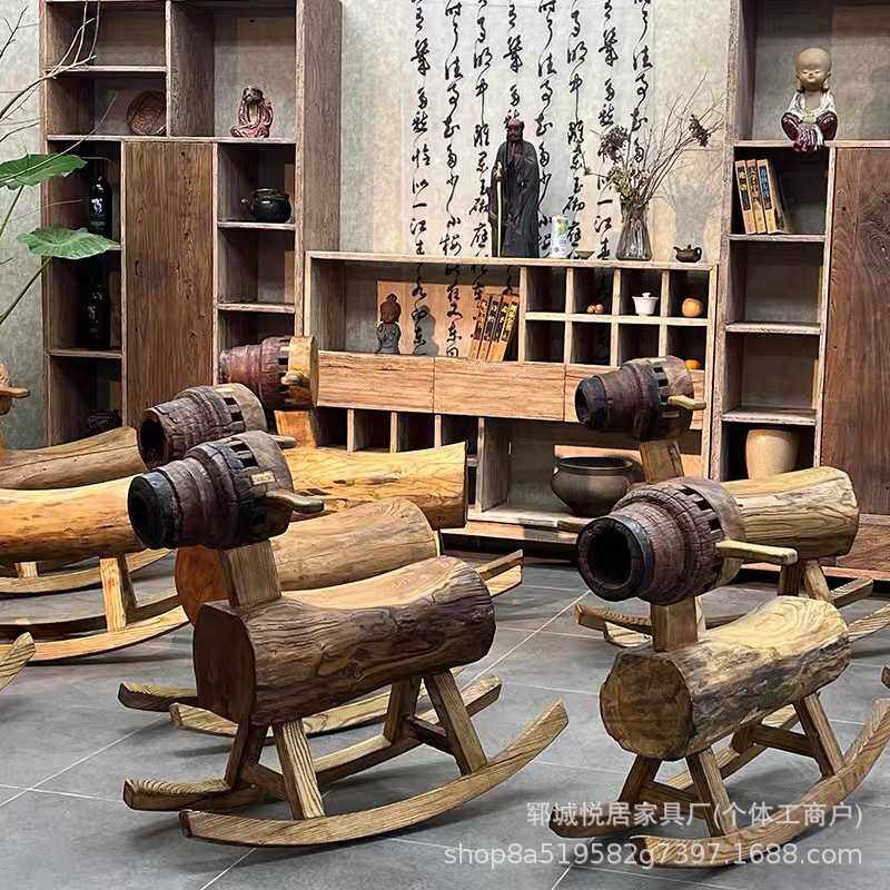 新中式老榆木摇摇椅儿童实木摇晃板凳小木马坐凳休闲马儿摇椅餐椅
