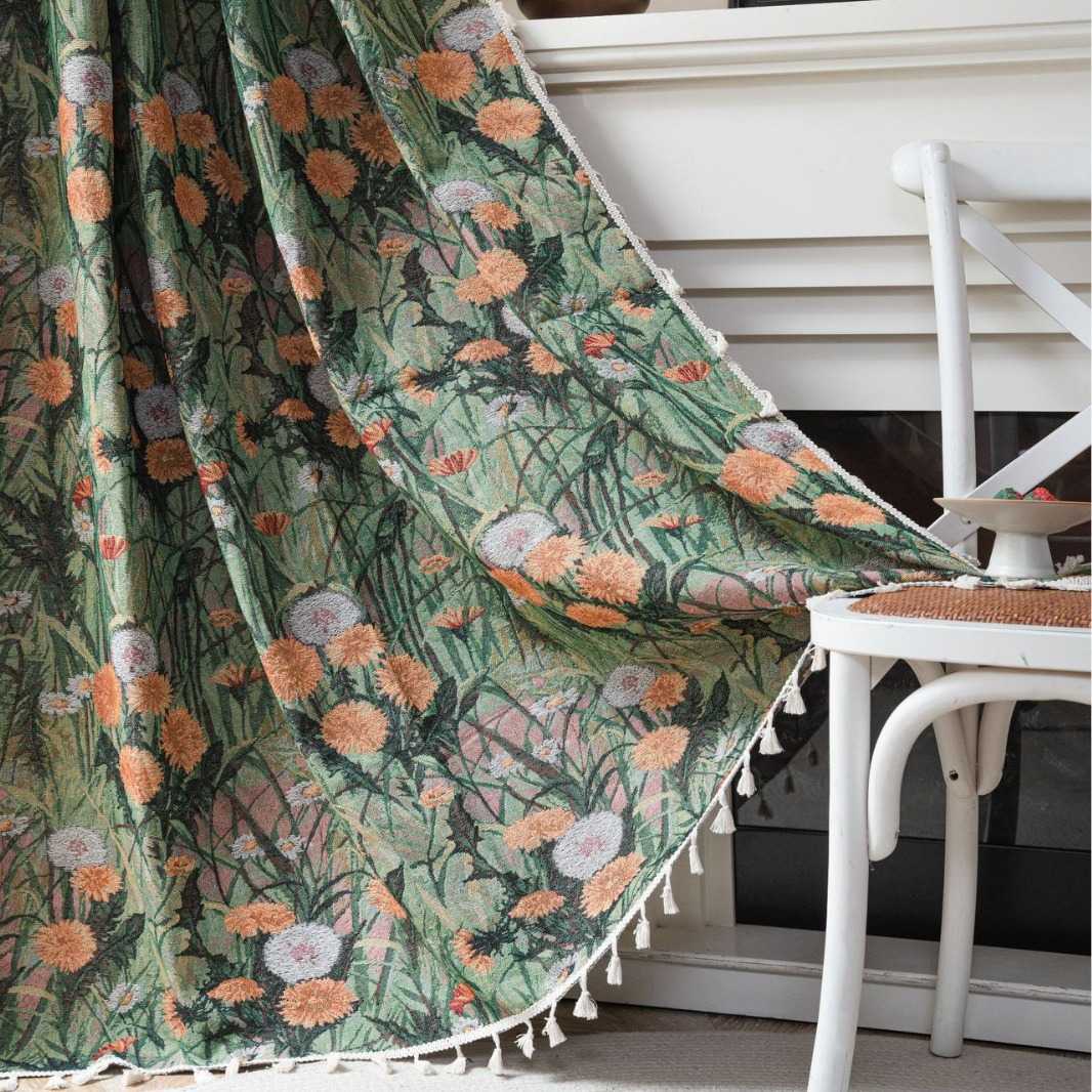 工厂直供法式复古成品窗帘绿色蒲公英提花全遮光隔热窗帘客厅卧室