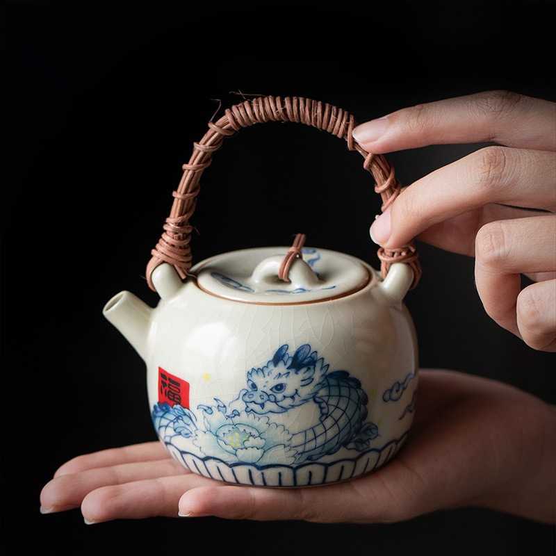 青花汝窑提梁壶小神龙陶瓷泡茶壶单壶单个高档家用功夫茶具