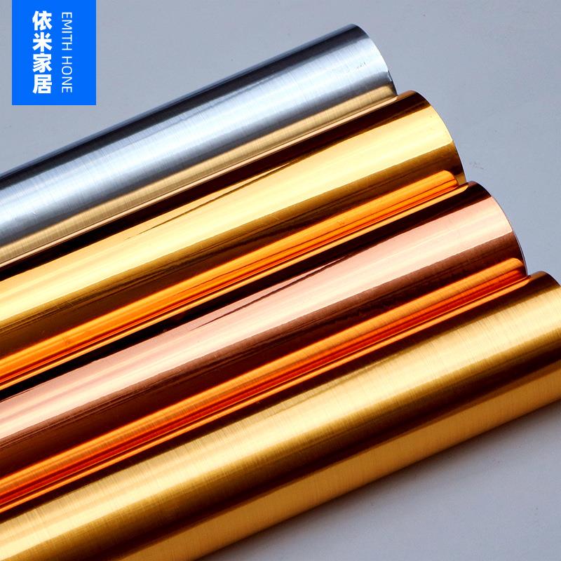 金色拉丝家具翻新贴纸镜面墙纸自粘防水壁纸银色高光亮面波音软片