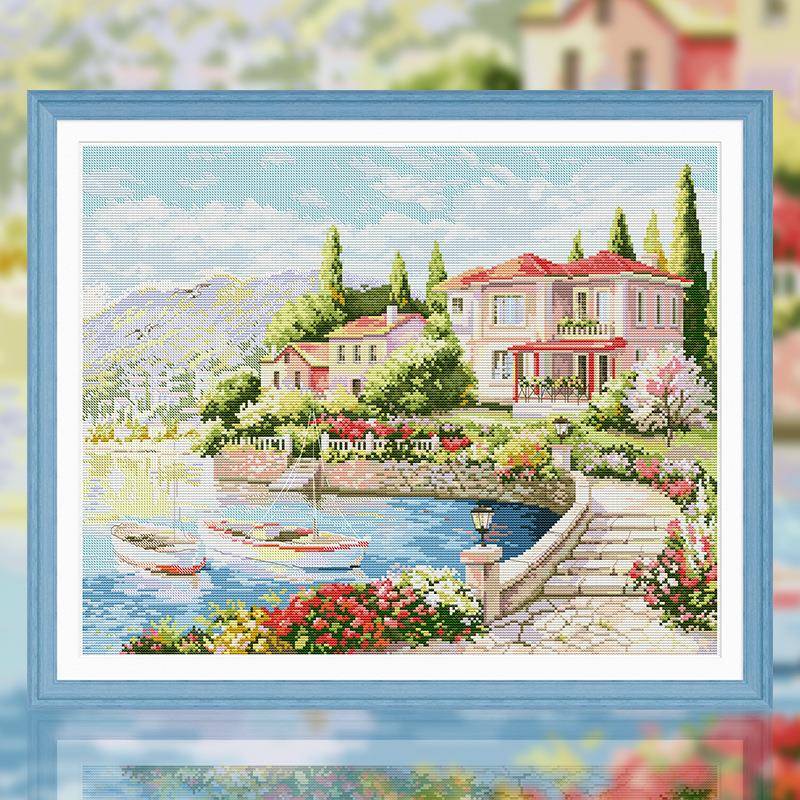 厂家直销十字绣客厅餐厅欧式风景科莫湖假期手工自己绣画