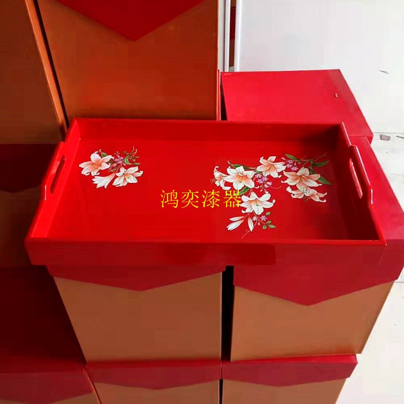 新中式手工彩绘漆器托盘木质茶盘果盘设计漆画茶托收纳盘茶几摆盘