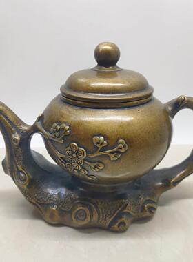 古玩仿古铜包浆梅花迎春壶 爆款中式铜壶摆件