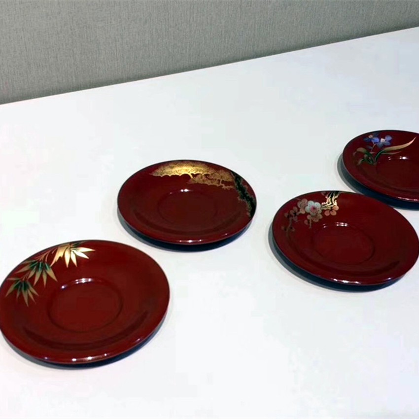 大漆莳绘工艺漆器杯垫木质漆艺礼品摆件老树漆创意手工漆画茶点盘