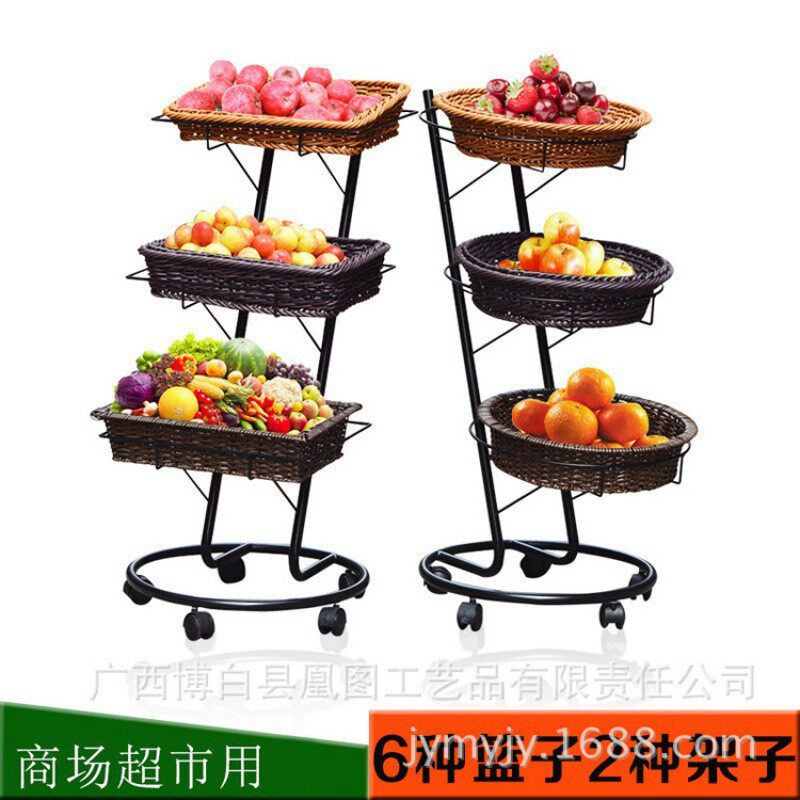 加强版承重力强滑轮移动三层果蔬推车展示架烤漆防锈铁配货篮货架