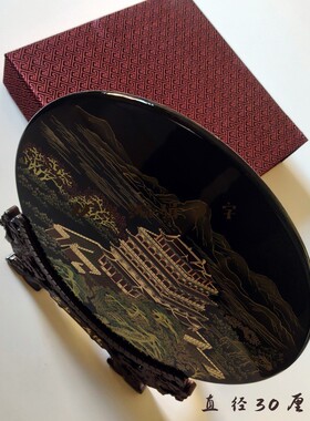 非遗推光漆器手工彩绘更上一层楼金箔漆画圆盘山西风光特产漆艺盘