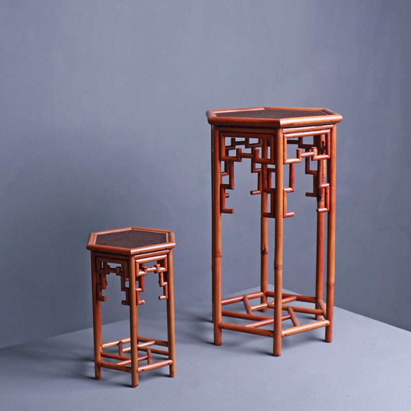 凤眼竹藤面六角兰花架壶架竹制品博古架展示台底座竹工艺品