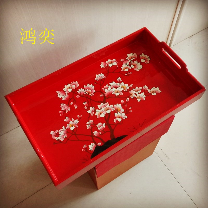 推光漆器茶盘实木手工彩绘漆器托盘木质大漆茶托手把餐盘果盘礼品