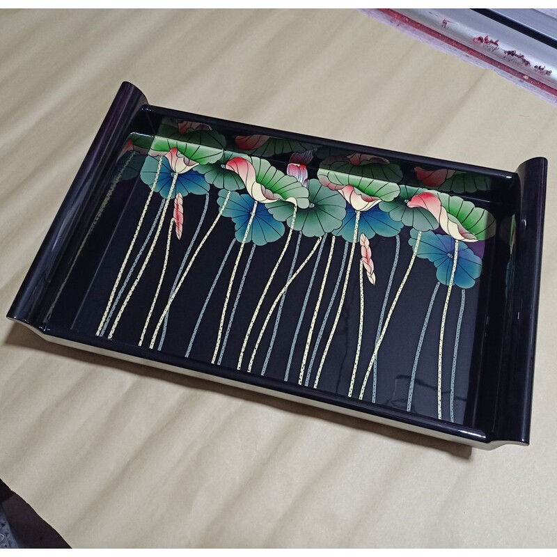 推光漆器手绘盘子木质贴金描金彩绘漆画双耳大托盘中式漆器茶餐盘