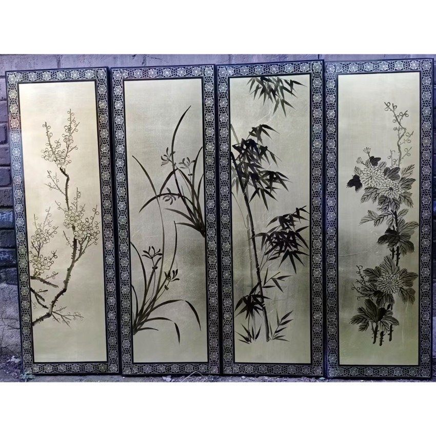 推光漆器工艺墙画四页挂画传统手工漆器贴金彩绘古风漆画装饰挂屏