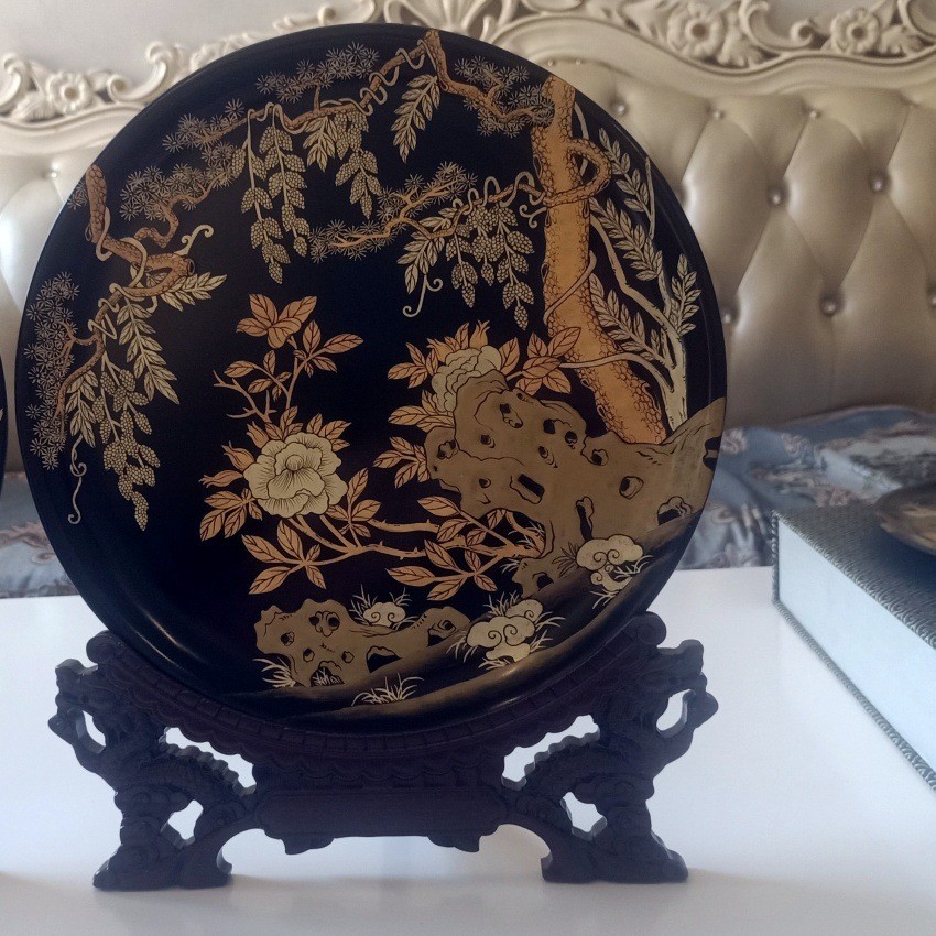 贴金彩绘漆器摆件圆盘木质漆艺茶礼果盘非遗大漆工艺漆画装饰摆盘