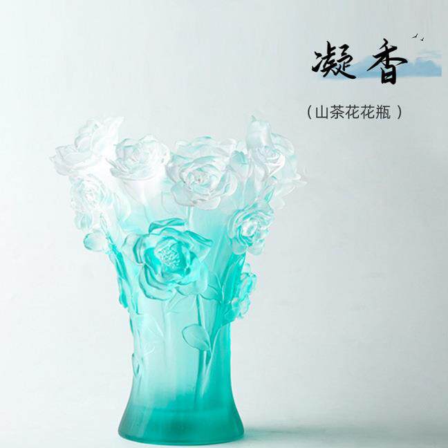 山茶花琉璃花瓶轻奢玄关客厅书房家居插花艺术摆件送朋友乔迁礼物