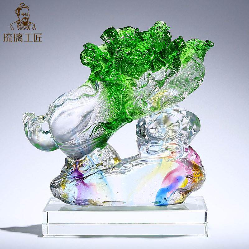 古法琉璃天然翡翠玉白菜发财摆件客厅招财工艺装饰品开业礼品高档