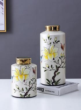 潮州陶瓷新中式轻奢直筒富贵花卉袋盖陶瓷花瓶装饰罐摆件