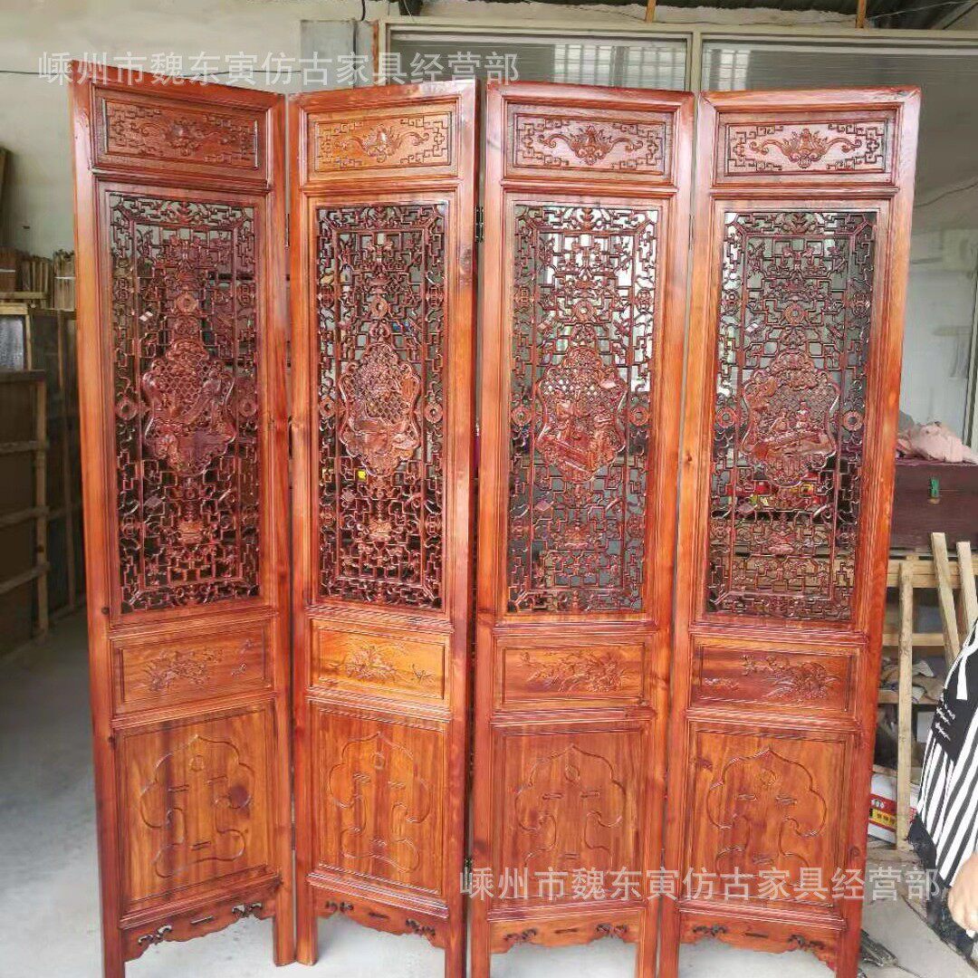 木雕工艺仿古门窗/明清家具琴棋书画镂空雕刻客厅移动折叠隔断