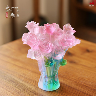 琉璃郁金香花瓶玫瑰花瓶笔筒客厅装饰摆件仿真鲜花书房插花工艺品