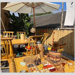 竹桌竹椅三件套竹桌椅组合户外庭院竹编桌椅子复古怀旧围炉煮茶桌