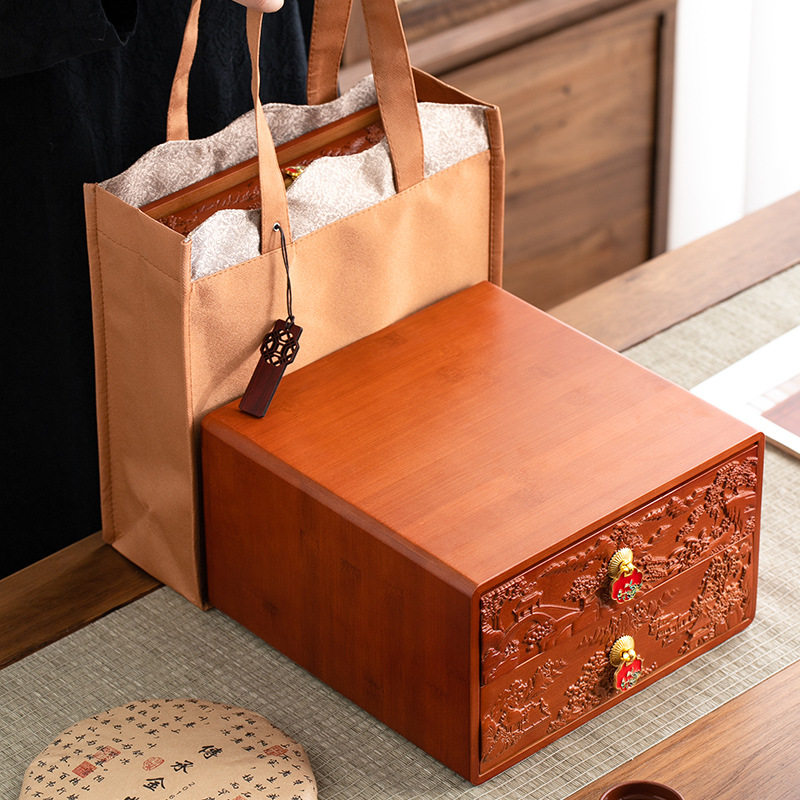 高档竹制普洱茶饼空盒双饼357克200g收纳包装盒福鼎白茶中式轻奢