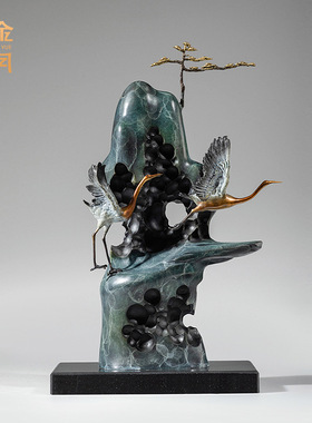 铜金岁月松山双鹤黄铜摆件客厅玄关铜器装饰品角几电视柜彩铜摆件