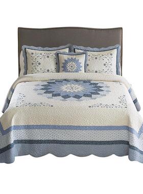 OQ5M美式纯棉绗缝床盖榻榻米加大加宽蓝色大丽花绣花拼块四季