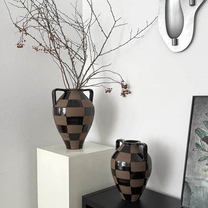 法式中古风黑咖双耳陶瓷花瓶客厅样板间软装手绘棋盘花器饰品摆件,清洗/食品/商业设备,风口/风叶/风机配件,淘宝优惠券,粉丝福利购,淘宝优惠卷