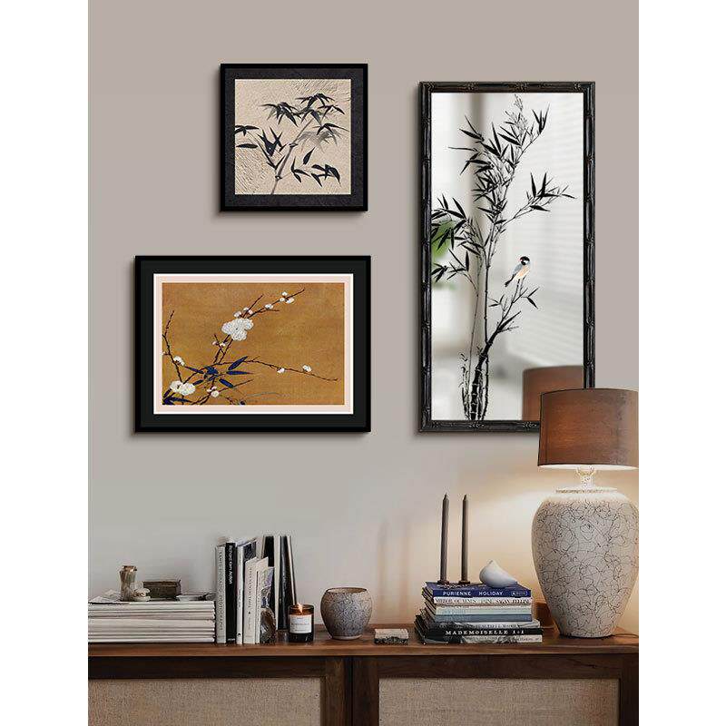 墨竹镜子装饰画法式中国风客厅组合挂画中古花鸟书房镜面挂画A319