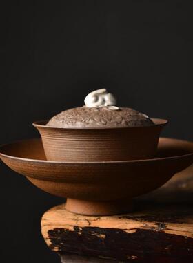 鎏银粗陶盖碗手工单个泡茶碗复古三才碗家用办公泡茶具手抓壶