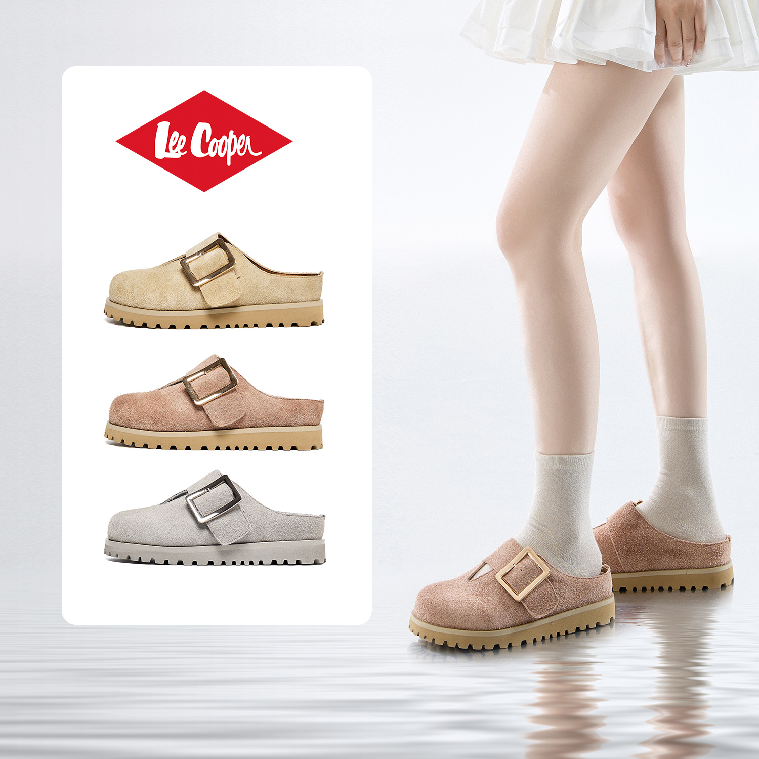 Lee Cooper勃肯鞋女2025新款秋季水钻包头拖鞋内增高一脚蹬休闲鞋