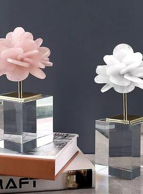 轻奢水晶天然粉色白色晶石花摆件客厅玄关桌面乔迁送礼软装饰品