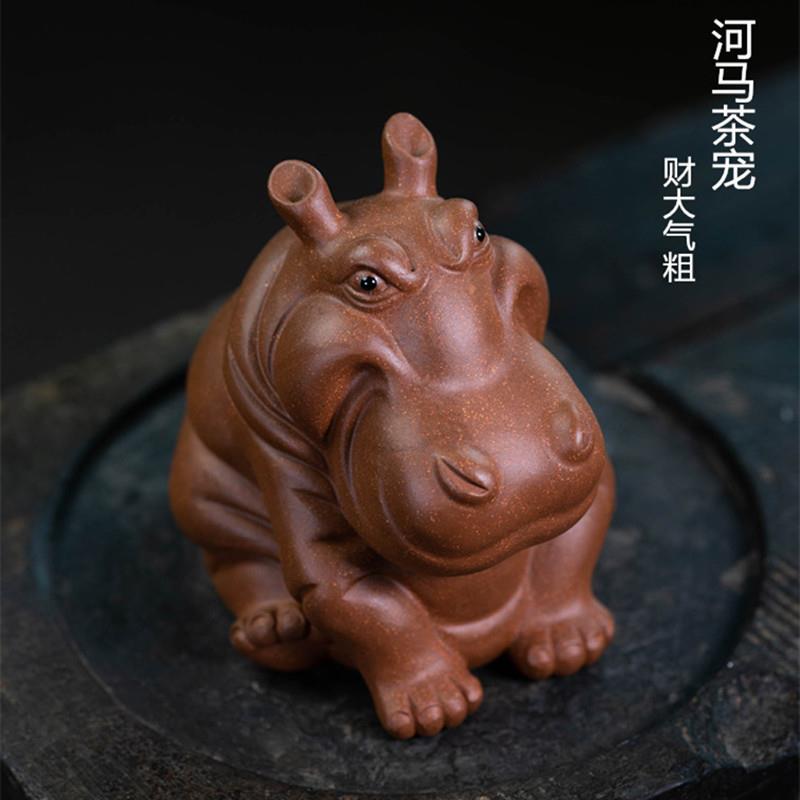 厂家宜兴紫砂茶宠河马小摆件财大气粗雕塑茶具创意款陶瓷工艺品