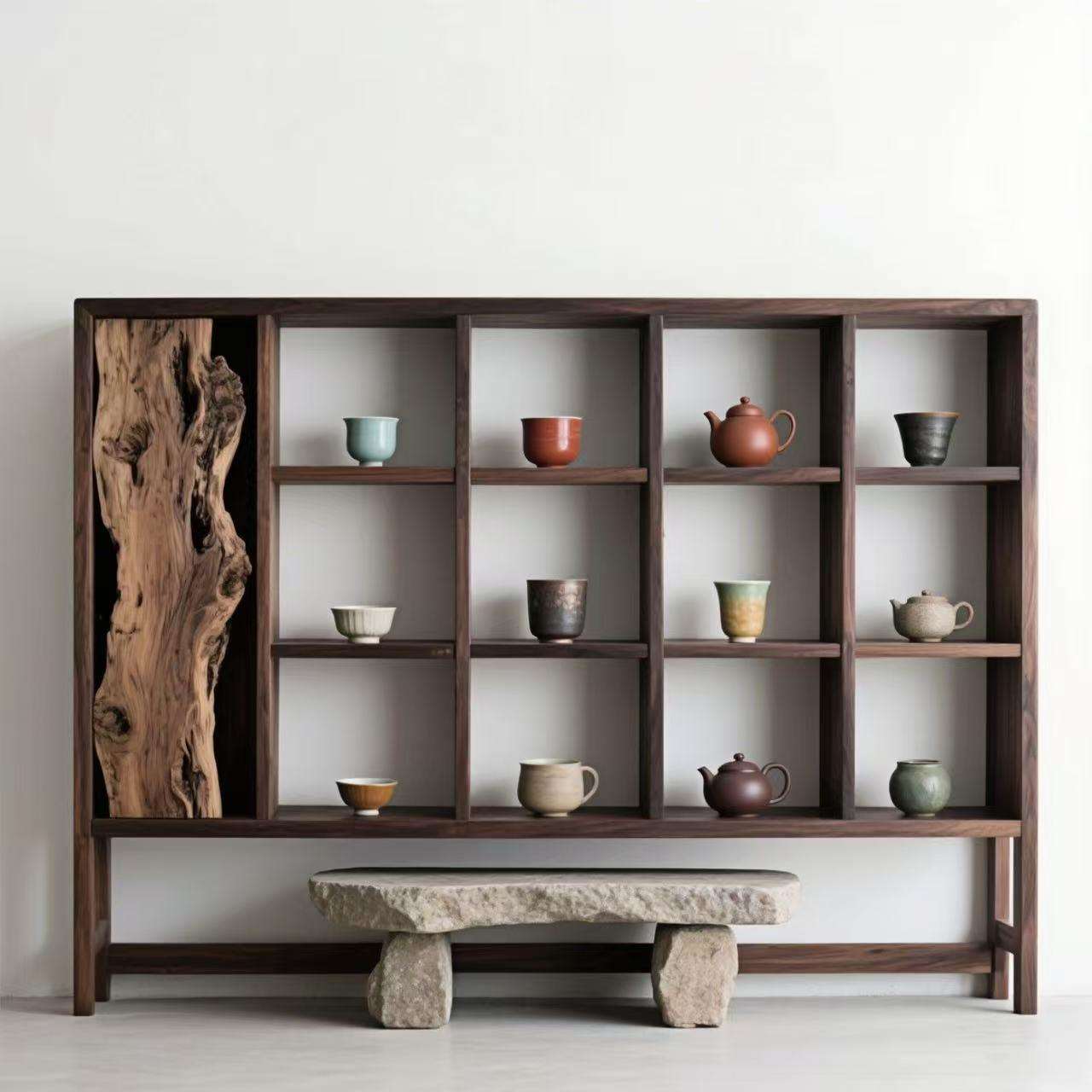 实木博古架收纳茶杯架多宝阁老榆木壁挂置物架茶具展示架