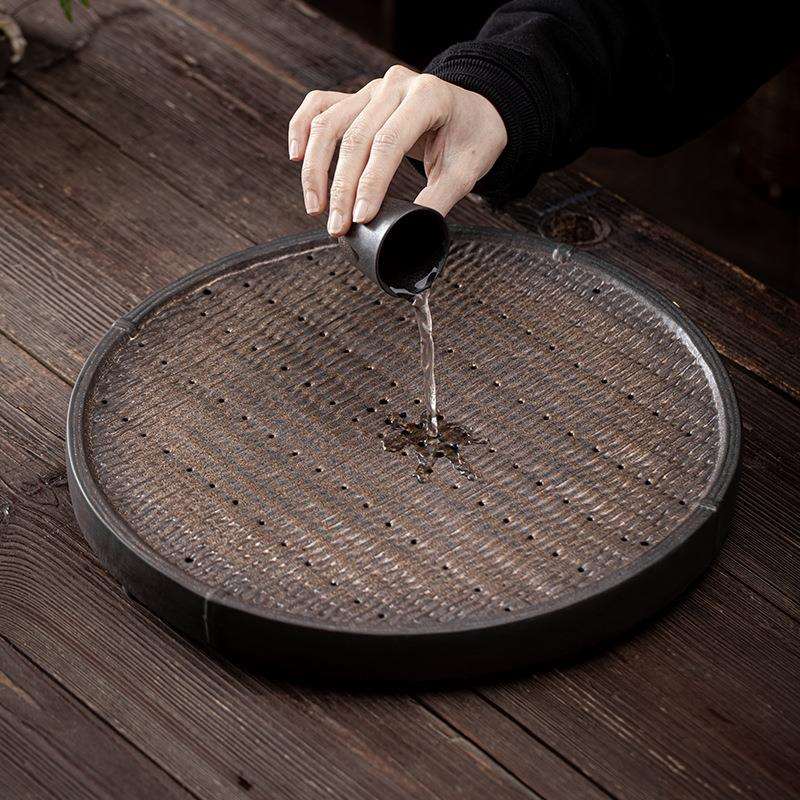 日式鎏金铁釉五谷丰登茶盘 陶瓷大号茶台茶托储水排水双用干泡盘