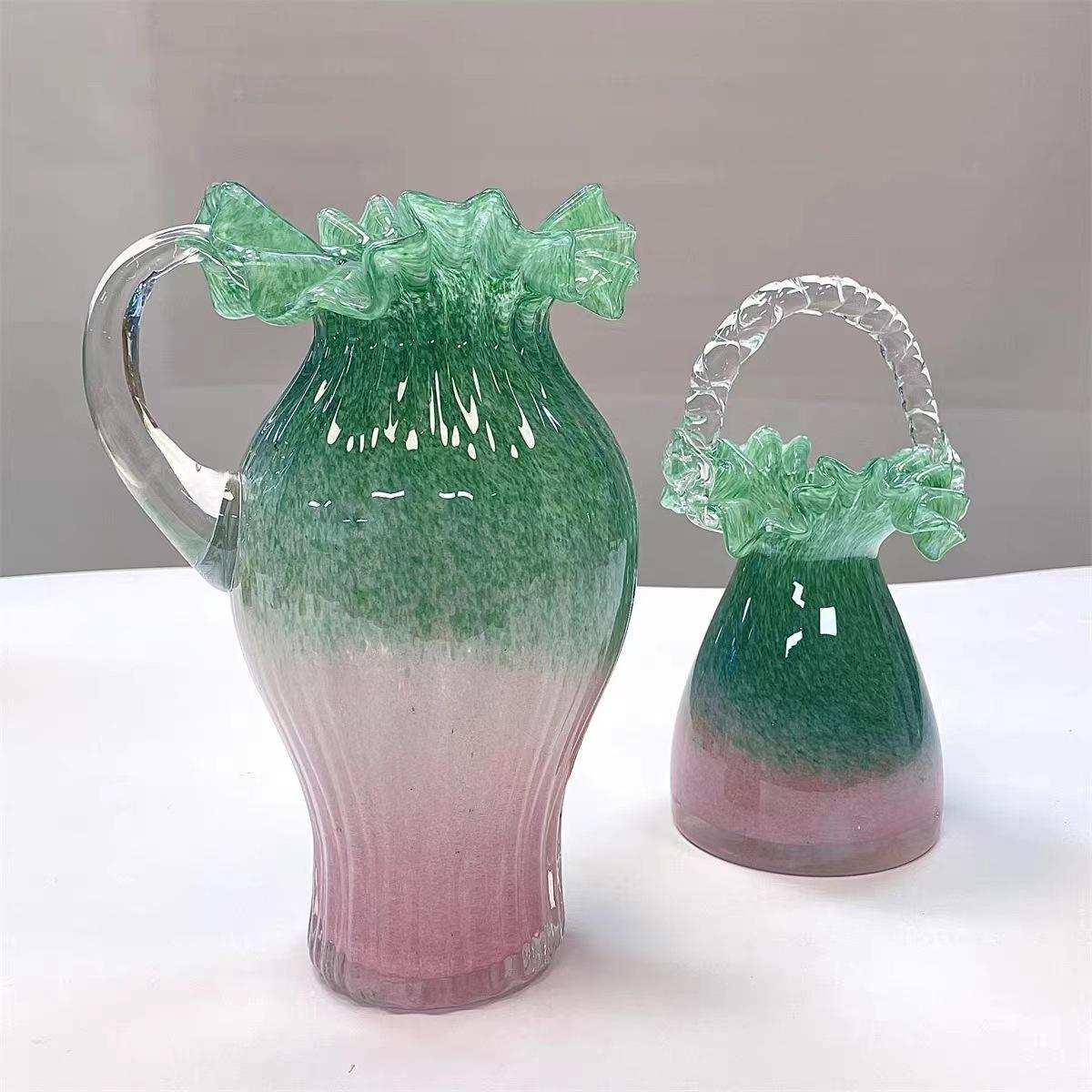 中古混彩花篮琉璃花瓶北欧高档玻璃摆件轻奢家居插花瓶客厅桌面