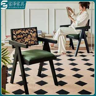 昌迪加尔实木法式家用餐椅休闲复古设计师扶手椅靠背中古风餐桌椅