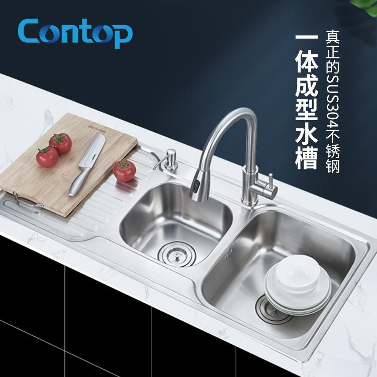 不锈钢一体成型双槽带沥水板拉伸子母洗碗盆拉丝台阶洗菜水池套装