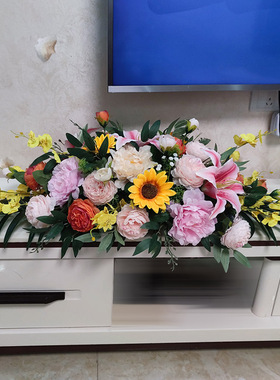 新中式红色仿真会议桌花长桌摆花办公室桌面装饰假V花摆件签到台