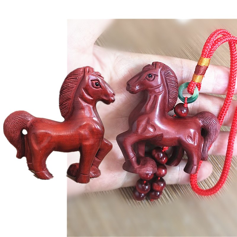 桃木精雕立体红色木马摆件挂件 木质马红色实木马小摆饰5厘米