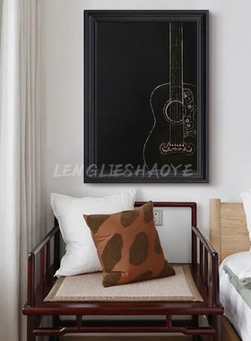 现代简约高级感黑色手绘油画个性吉他客厅K卧室装饰品竖版玄关挂