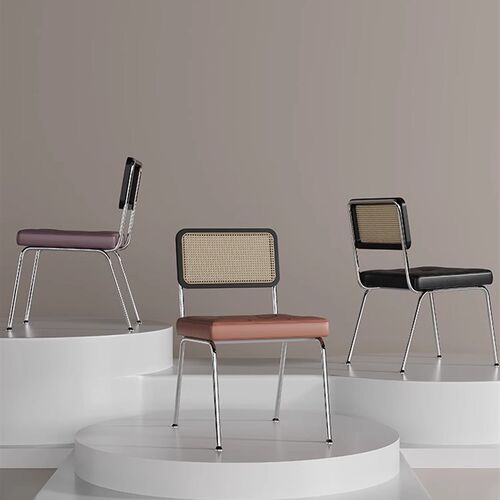 现代简约餐椅家用餐o桌椅酒店饭厅不锈钢轻奢藤编靠背洽谈椅子