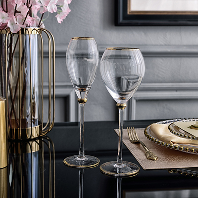 复古玻璃红酒杯高脚杯 描金边香槟杯欧式样板房餐桌酒杯装饰摆件