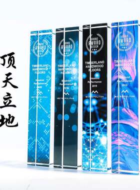 水晶四方柱魔方彩印奖杯照片创意设计制作公司年会颁奖刻字奖牌