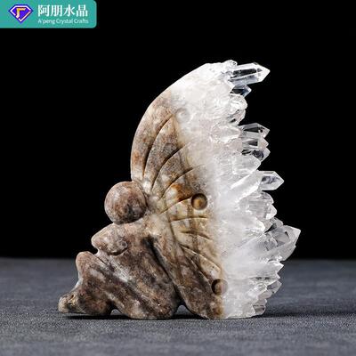 天然白水晶晶簇蝴蝶仙女摆件矿标雕刻水晶仙子工艺品摆件
