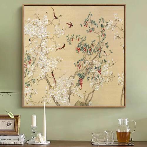 春色满园新中式花鸟复古客厅挂画餐厅画玄关书房喜鹊玉兰花壁画