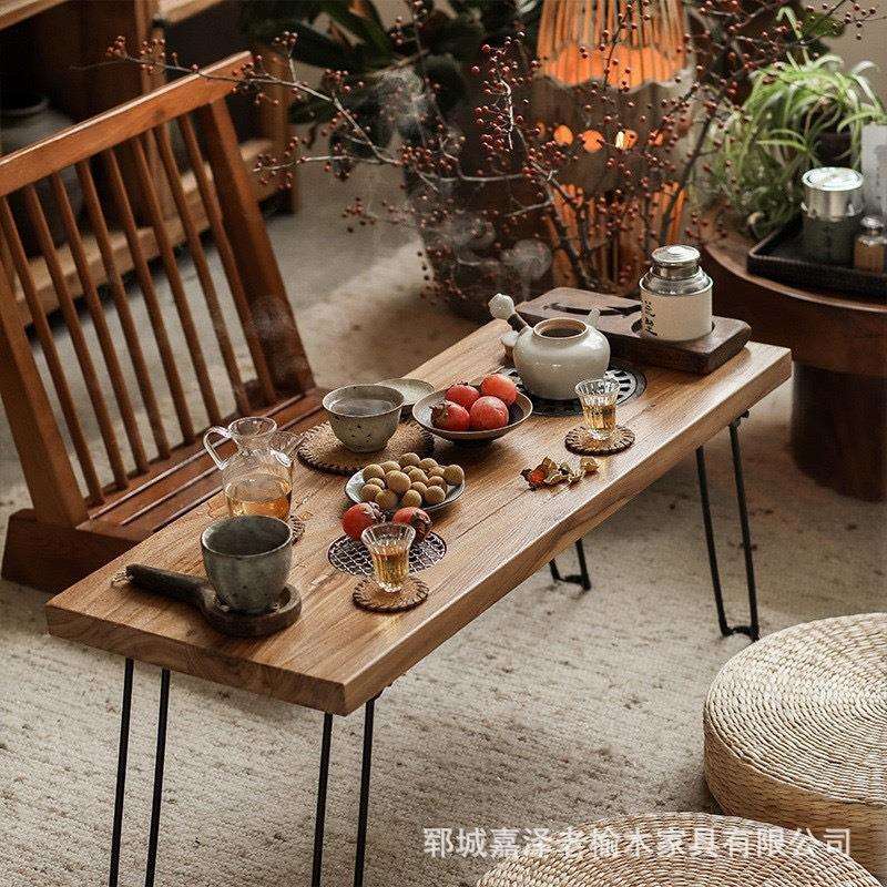 夏季户外野餐烧烤桌实木围炉煮茶桌老榆木折叠火锅桌吧台桌长条桌
