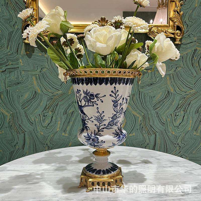 欧式摆设美式客厅餐厅玄关装饰品复古铜配瓷花瓶花器花插工艺品